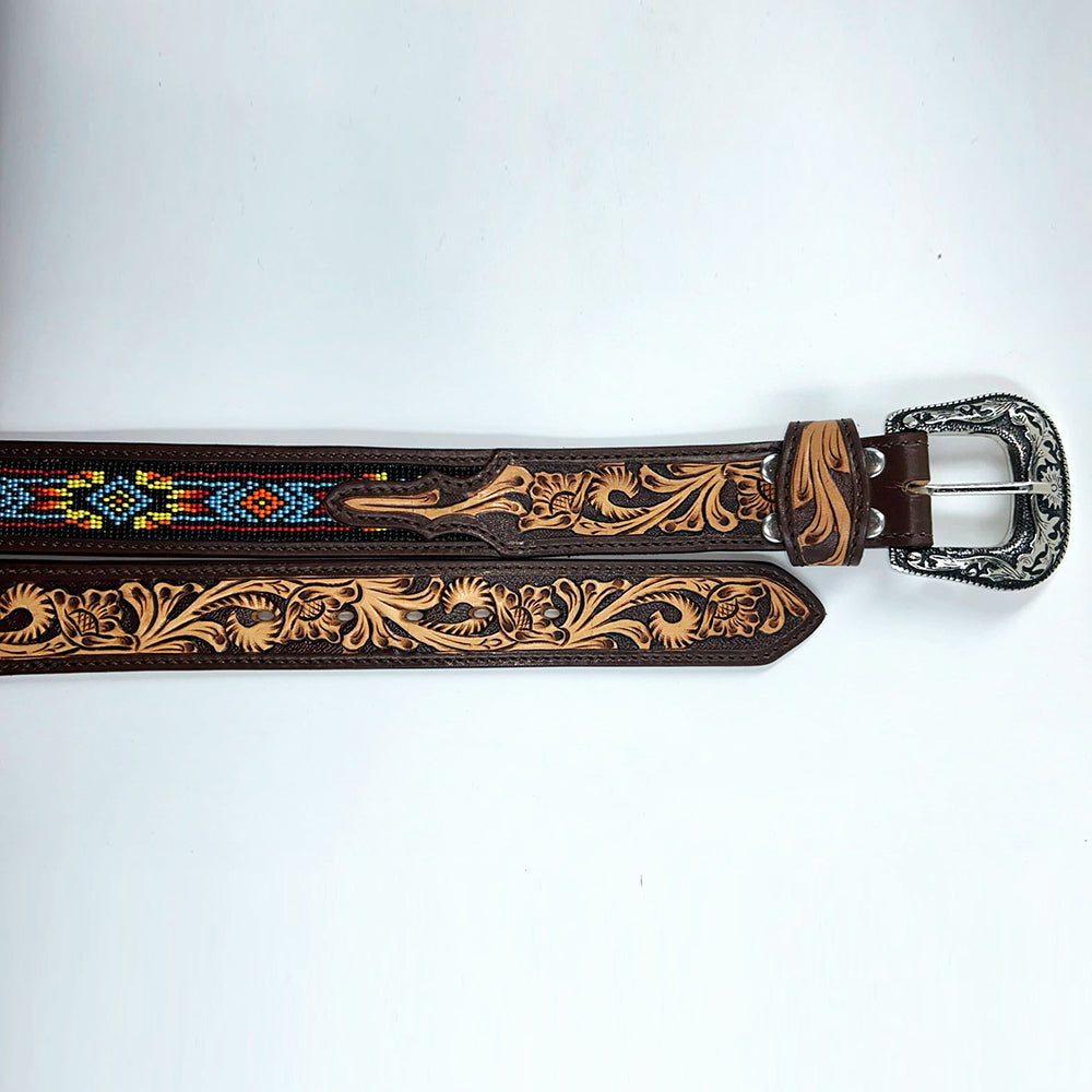 ADBLD117 Beautifully Hand Tooled Beadwork Genuine American Leather Belt Men and Women Bling