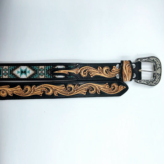 ADBLD118 Beautifully Hand Tooled Beadwork Genuine American Leather Belt Men and Women Bling