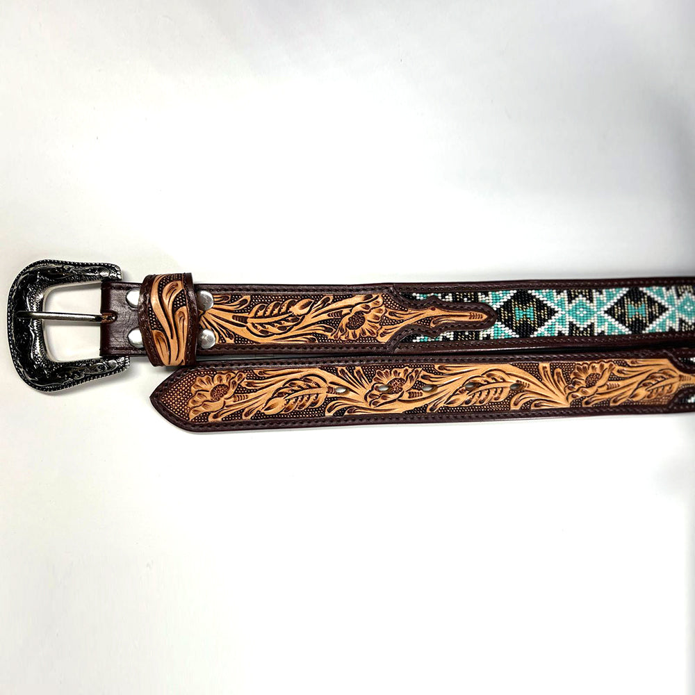 ADBLD119 Beautifully Hand Tooled Beadwork Genuine American Leather Belt Men and Women Bling