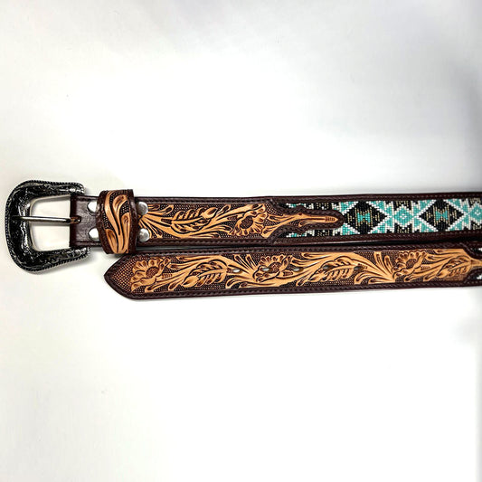 ADBLD119 Beautifully Hand Tooled Beadwork Genuine American Leather Belt Men and Women Bling