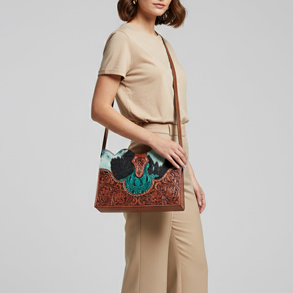 ADBG1586 Turquoise Cowhide & Tooled Leather Western Crossbody - Croc Print & Floral Detail Saddle Bag