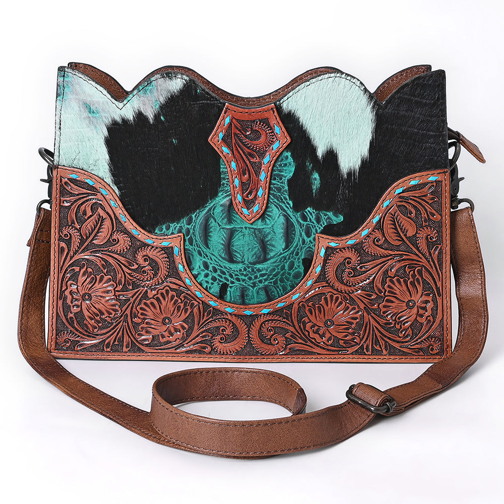 ADBG1586 Turquoise Cowhide & Tooled Leather Western Crossbody - Croc Print & Floral Detail Saddle Bag