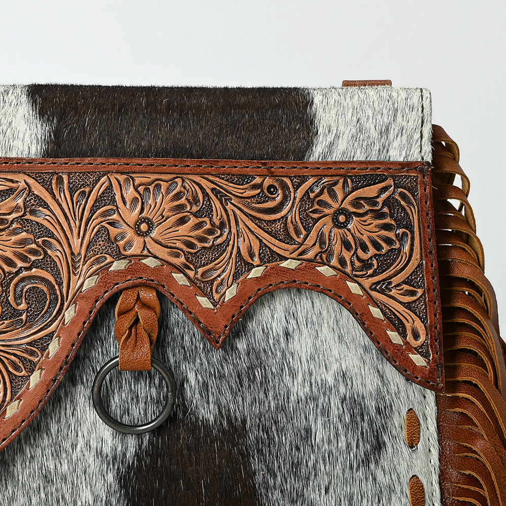 ADBG1589 Black & White Cowhide Fringe Wristlet - Western Tooled Leather Saddle Flap Purse