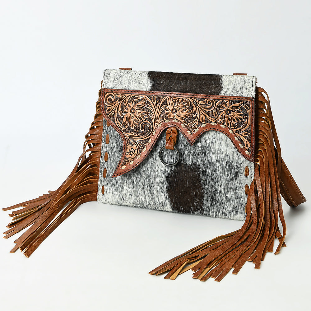 ADBG1589 Black & White Cowhide Fringe Wristlet - Western Tooled Leather Saddle Flap Purse
