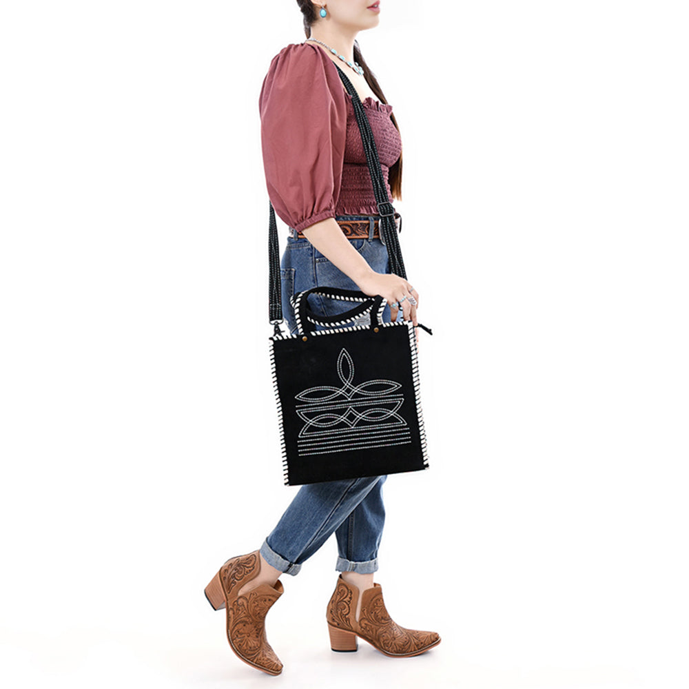 ADBG1590 Black Genuine suede Embroidered Tote Bag - Western Whipstitch Shoulder & Crossbody Purse