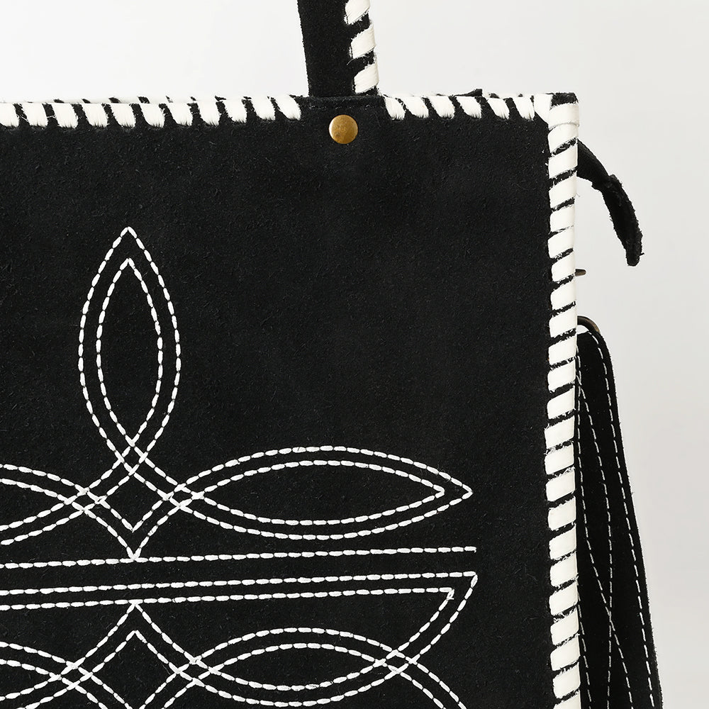 ADBG1590 Black Genuine suede Embroidered Tote Bag - Western Whipstitch Shoulder & Crossbody Purse