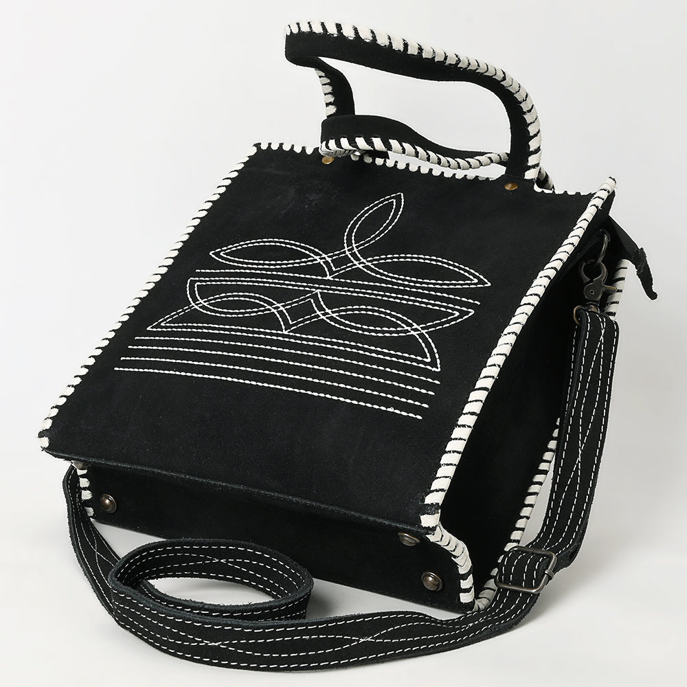 ADBG1590 Black Genuine suede Embroidered Tote Bag - Western Whipstitch Shoulder & Crossbody Purse