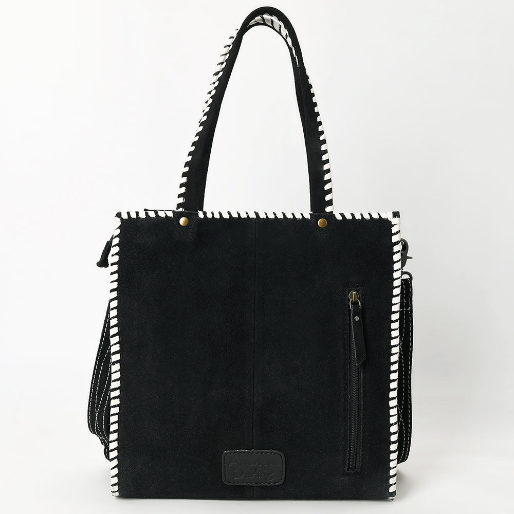 ADBG1590 Black Genuine suede Embroidered Tote Bag - Western Whipstitch Shoulder & Crossbody Purse