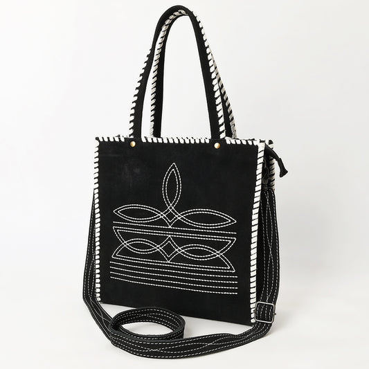 ADBG1590 Black Genuine suede Embroidered Tote Bag - Western Whipstitch Shoulder & Crossbody Purse