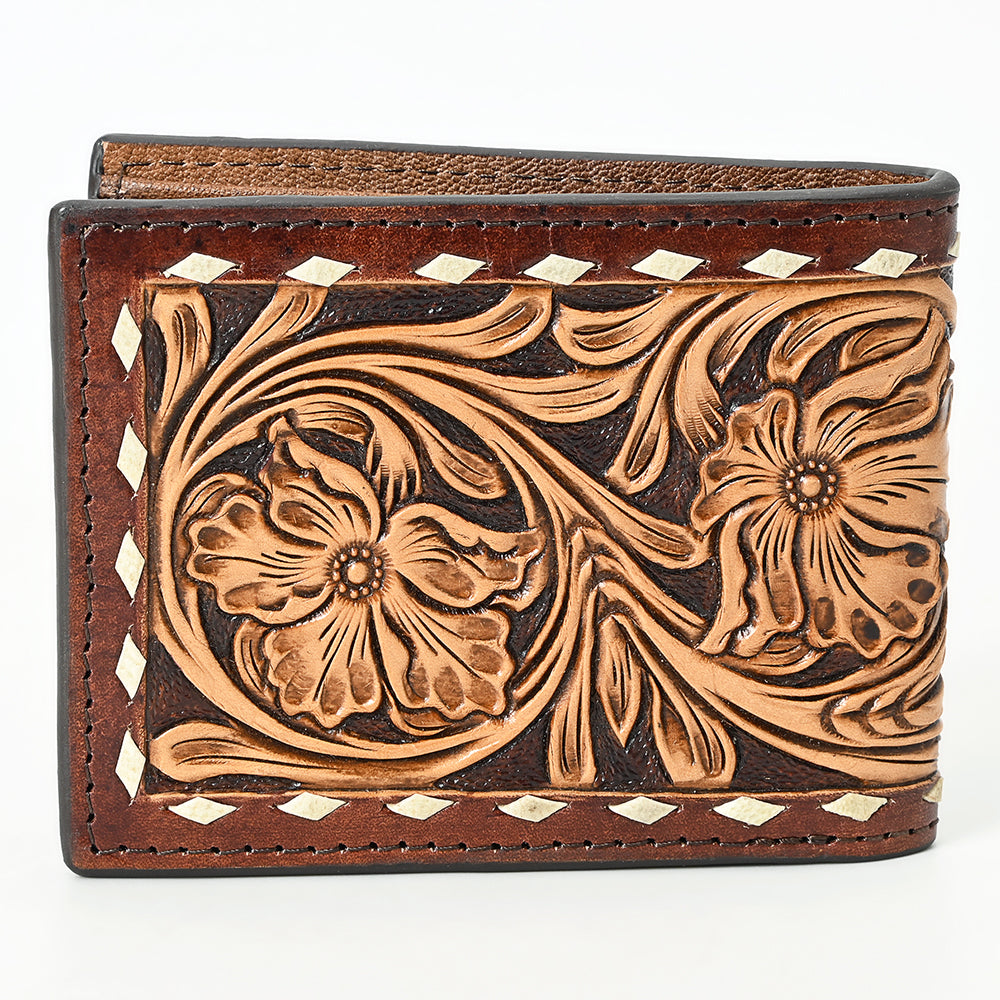 ADBG1592 Handtooled Leather Wallet - Western Floral Tooled Bifold with Stud Detail
