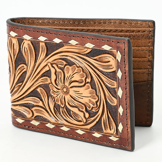 ADBG1592 Handtooled Leather Wallet - Western Floral Tooled Bifold with Stud Detail