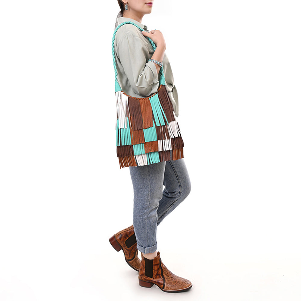 ADBG1594 Western Fringe Leather Hobo Bag - Turquoise, Brown & White Patch Fringe Purse