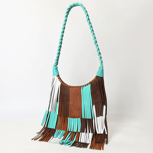 ADBG1594 Western Fringe Leather Hobo Bag - Turquoise, Brown & White Patch Fringe Purse