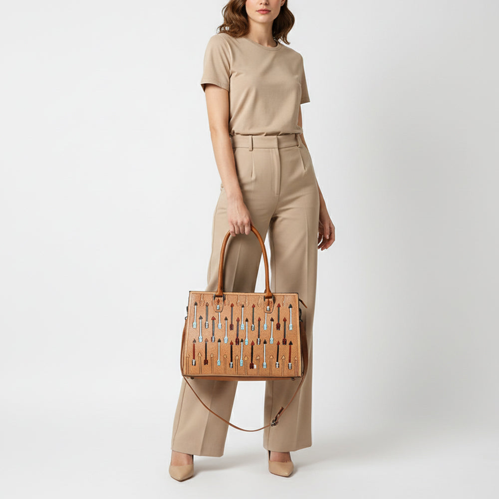 ADBG1595 Western Leather Tote Bag - Multicolor Arrow Tooling Design