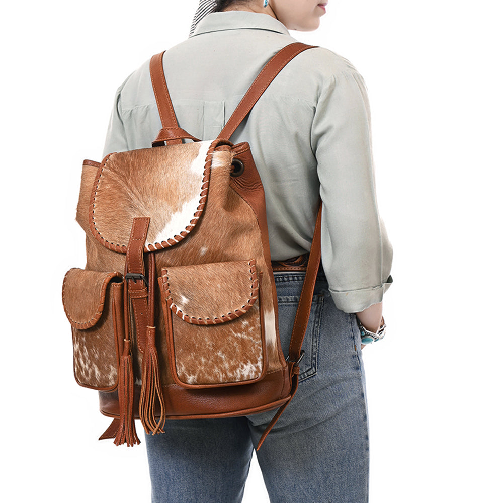 ADBG1596 Genuine Cowhide Leather Backpack with Front Pockets & Whipstitch Detailing
