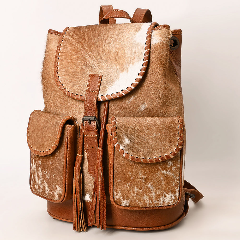ADBG1596 Genuine Cowhide Leather Backpack with Front Pockets & Whipstitch Detailing