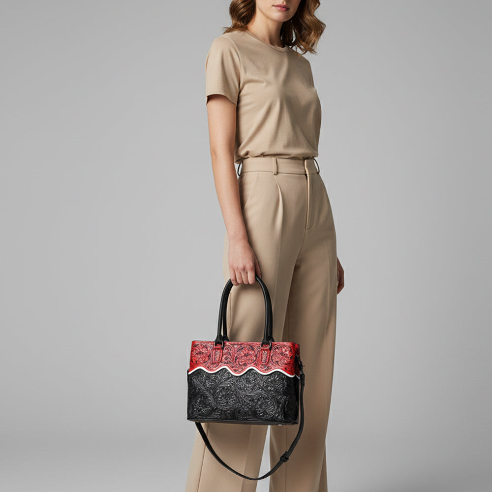 ADBG1598 Handtooled Black & Red Leather Tote with Floral Carving and Shoulder Strap