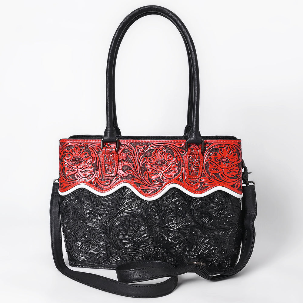 ADBG1598 Handtooled Black & Red Leather Tote with Floral Carving and Shoulder Strap