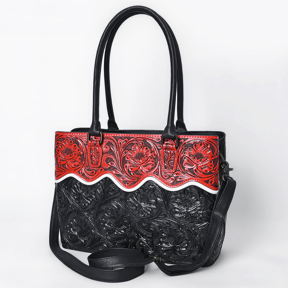 ADBG1598 Handtooled Black & Red Leather Tote with Floral Carving and Shoulder Strap