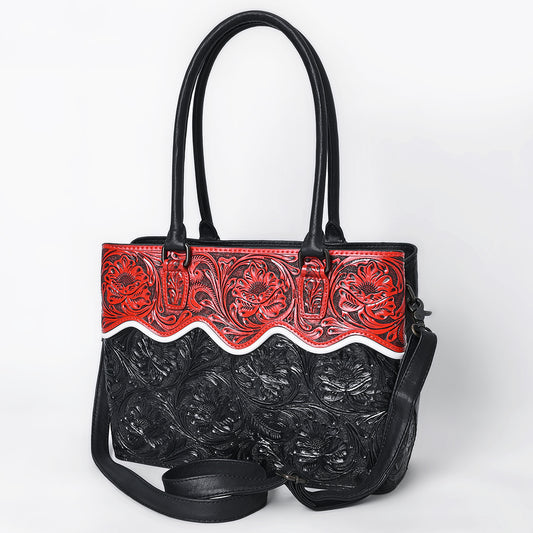 ADBG1598 Handtooled Black & Red Leather Tote with Floral Carving and Shoulder Strap