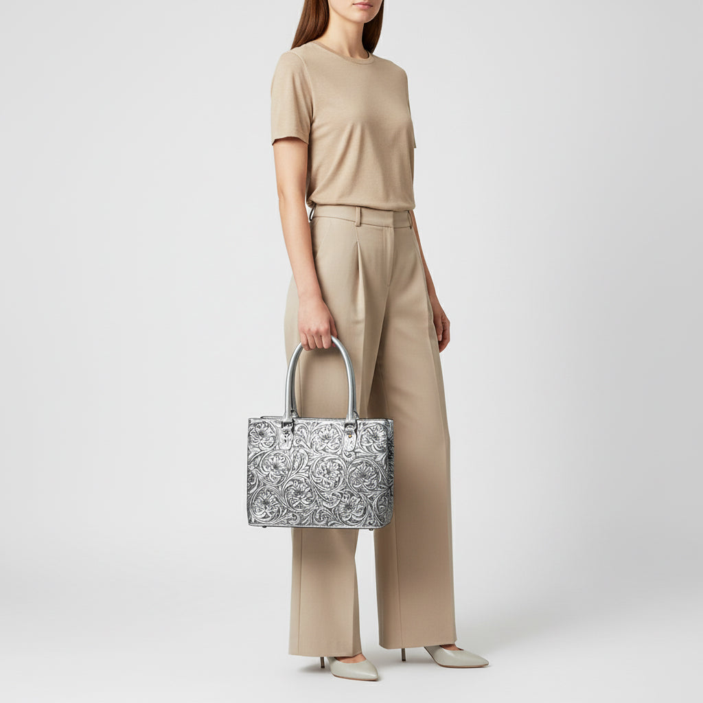 ADBG1539 American Darling Western Leather Tote Bag with Hand-Tooled Floral Design - Genuine Full-Grain Leather