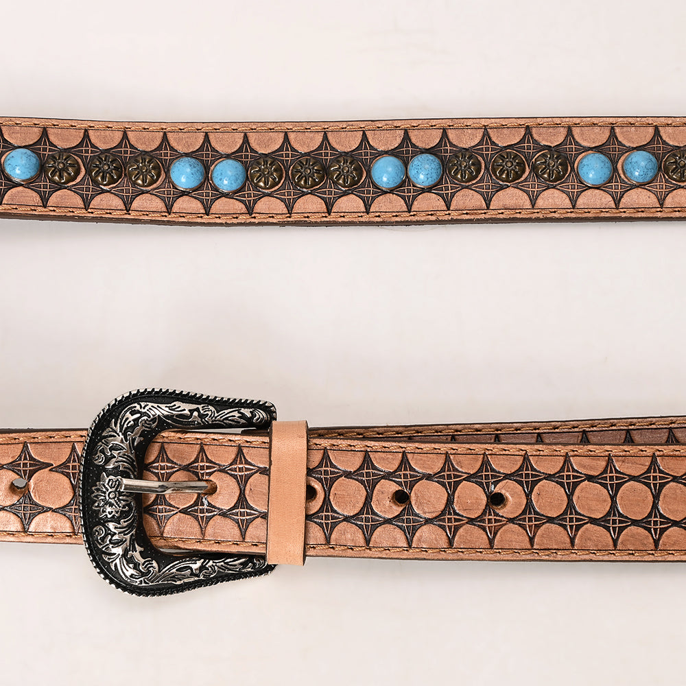 ADBT146 Tooled Leather Bag Strap with Turquoise Beads & Western Buckle - Adjustable Handcrafted Replacement