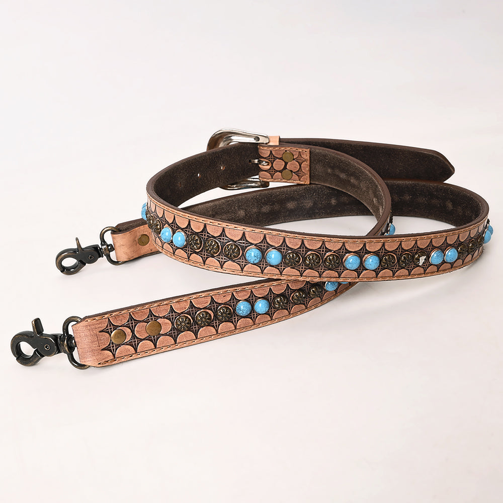 ADBT146 Tooled Leather Bag Strap with Turquoise Beads & Western Buckle - Adjustable Handcrafted Replacement