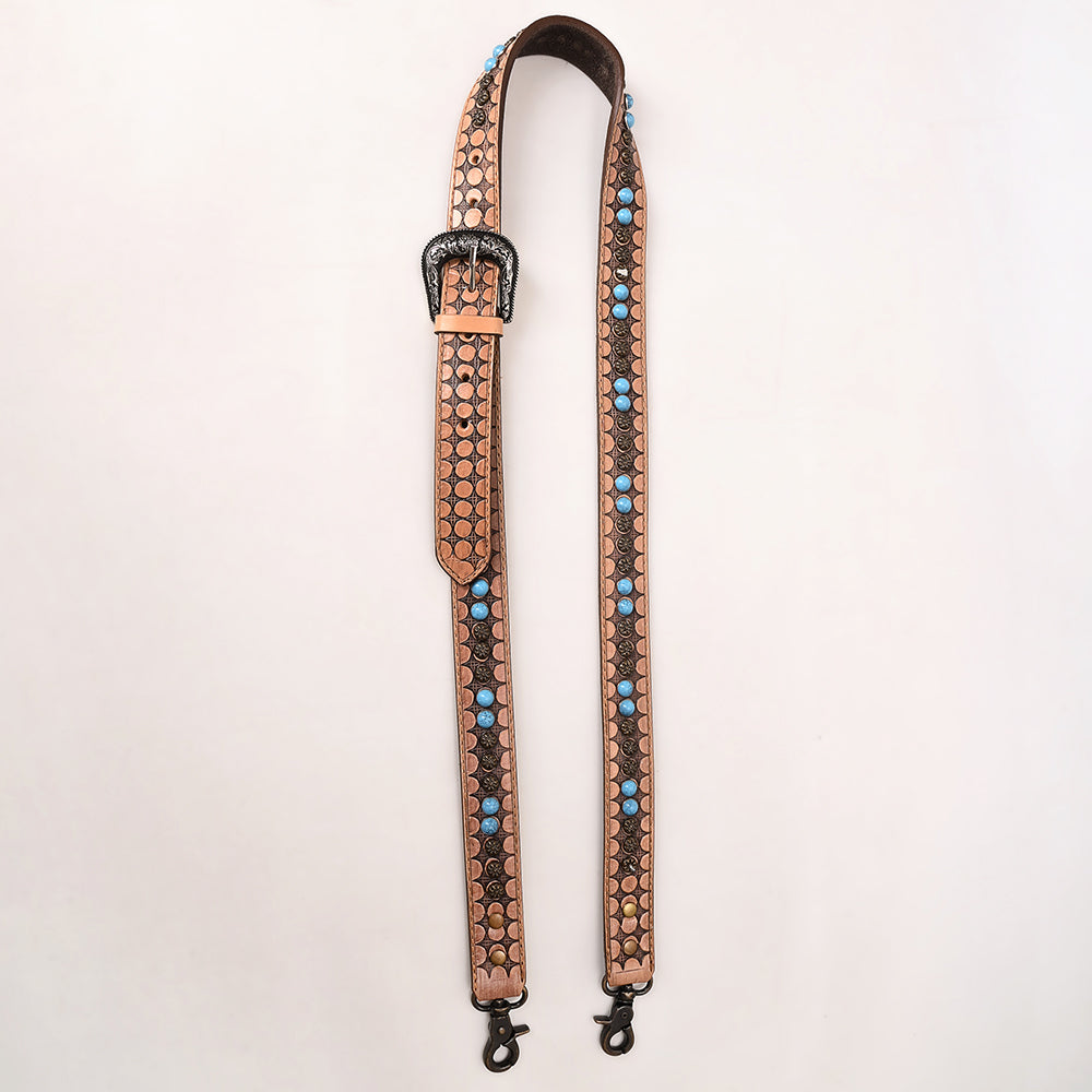 ADBT146 Tooled Leather Bag Strap with Turquoise Beads & Western Buckle - Adjustable Handcrafted Replacement