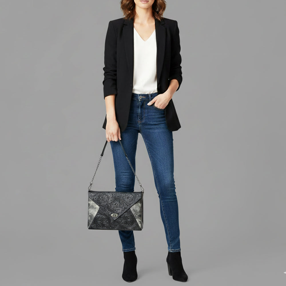 ADBGZ883 Black & Gray Hand-Tooled Leather Envelope Crossbody | American Darling