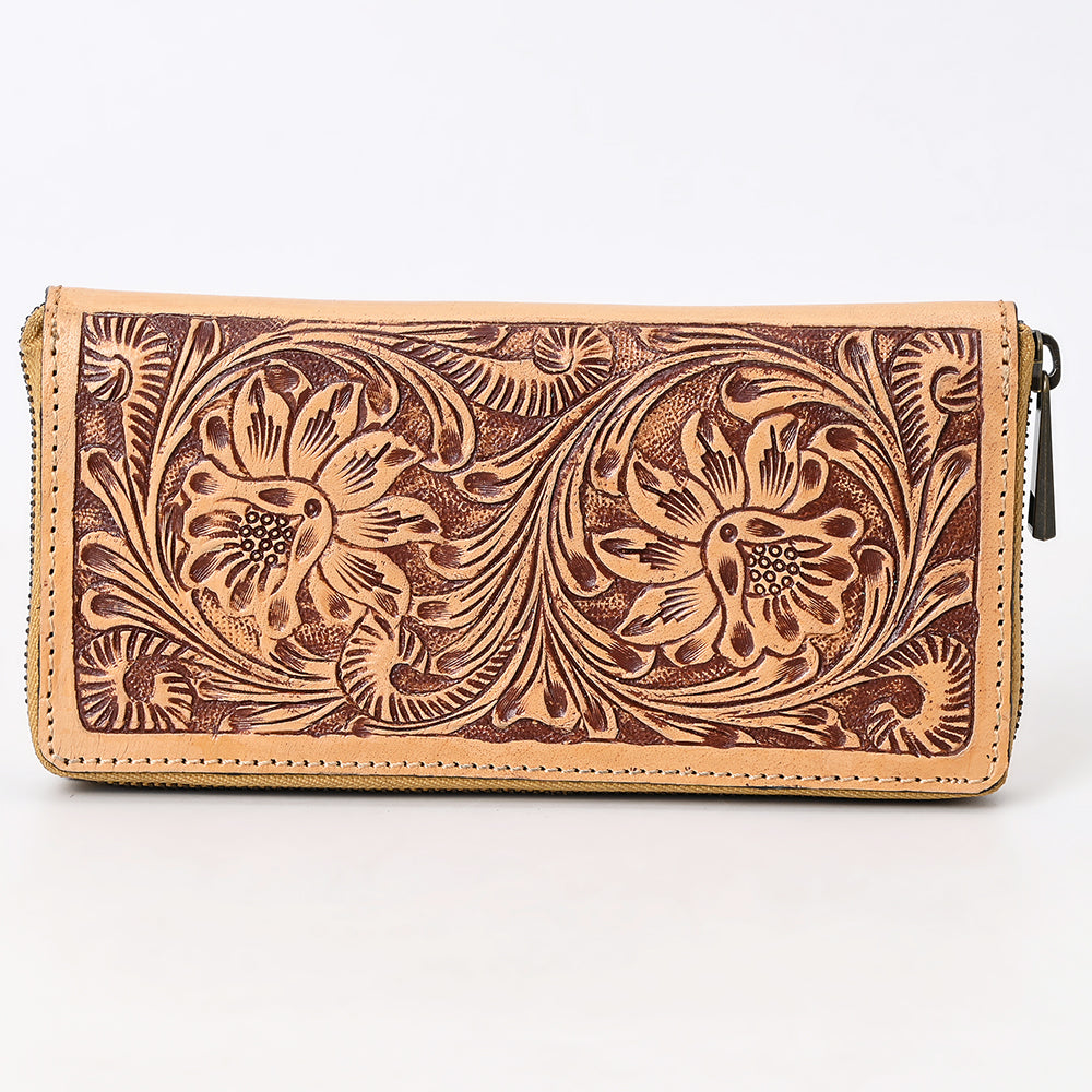 ADBGZ884 Tan Hand-Tooled Leather Floral Zip Clutch | American Darling