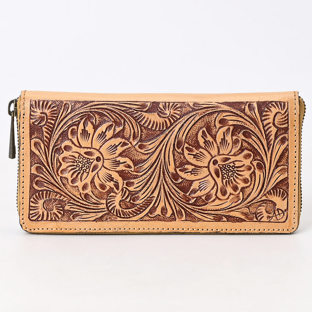 ADBGZ884 Tan Hand-Tooled Leather Floral Zip Clutch | American Darling