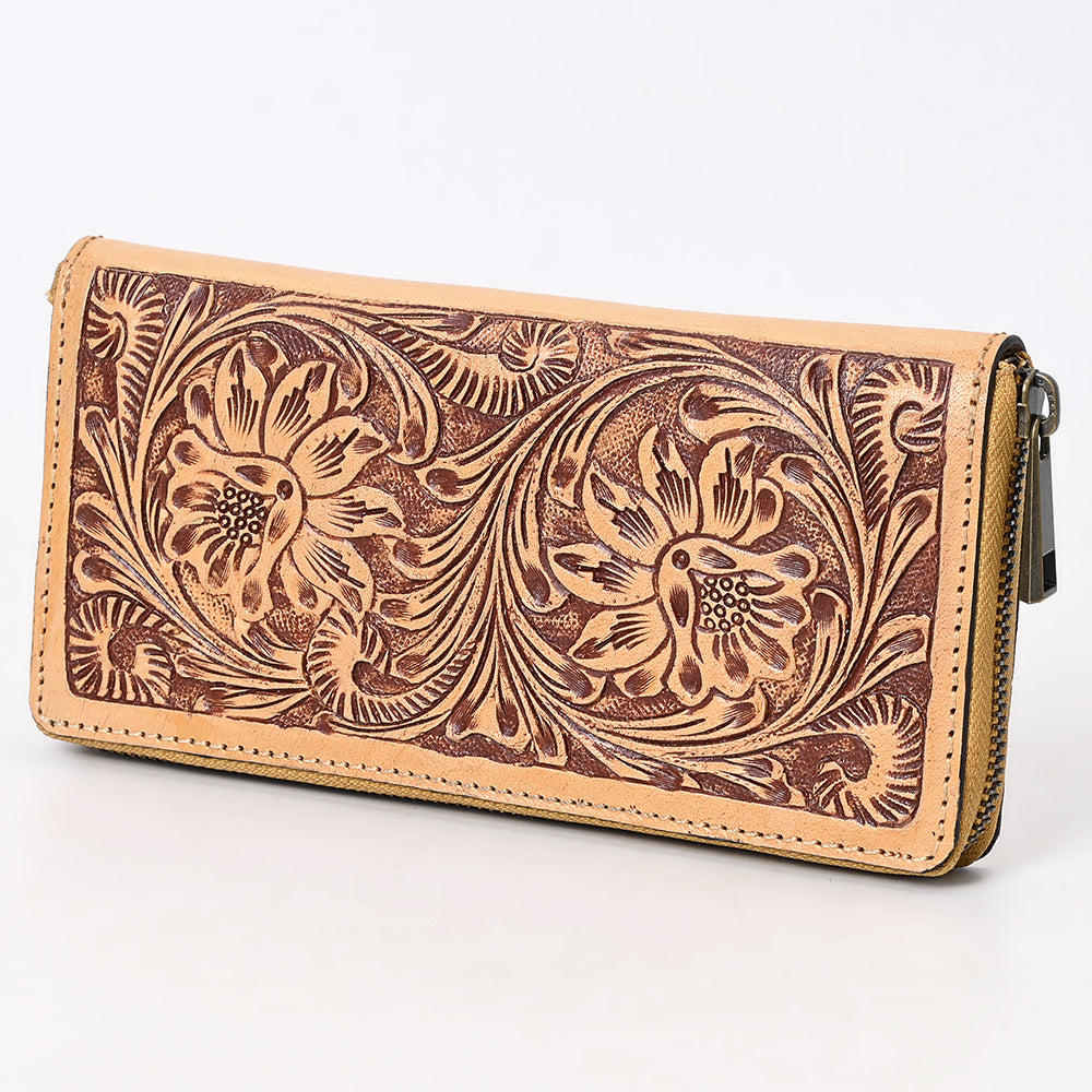 ADBGZ884 Tan Hand-Tooled Leather Floral Zip Clutch | American Darling