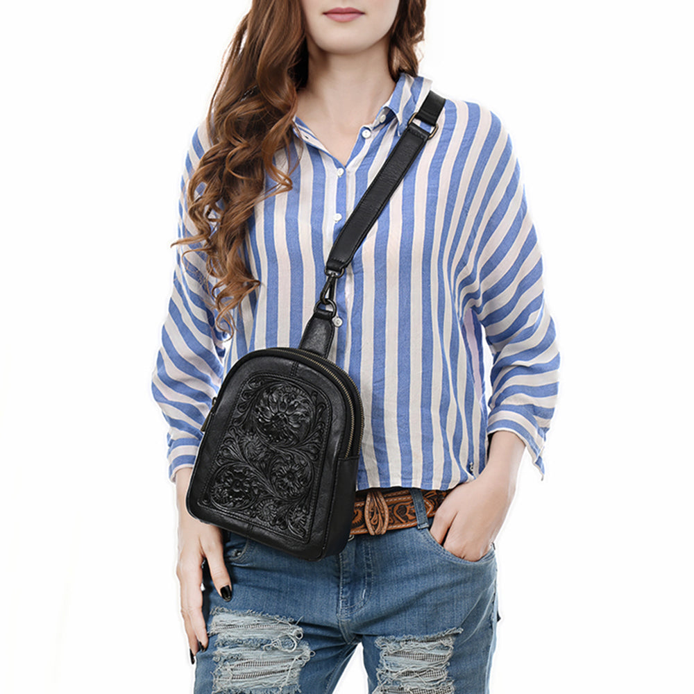 ADBGZ887A Black Hand-Tooled Leather Sling Backpack | American Darling
