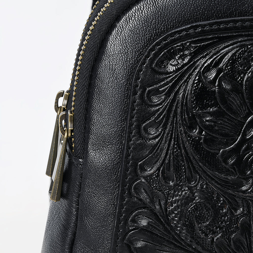 ADBGZ887A Black Hand-Tooled Leather Sling Backpack | American Darling