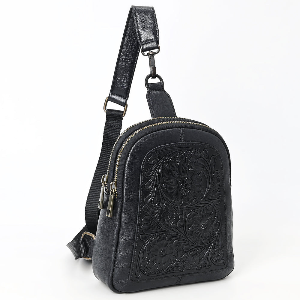 ADBGZ887A Black Hand-Tooled Leather Sling Backpack | American Darling