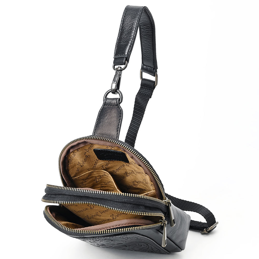 ADBGZ887A Black Hand-Tooled Leather Sling Backpack | American Darling