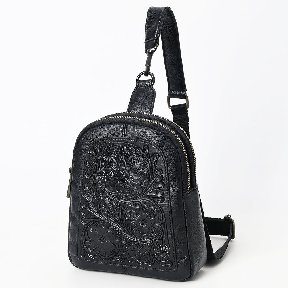 ADBGZ887A Black Hand-Tooled Leather Sling Backpack | American Darling