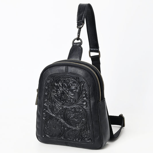 ADBGZ887A Black Hand-Tooled Leather Sling Backpack | American Darling