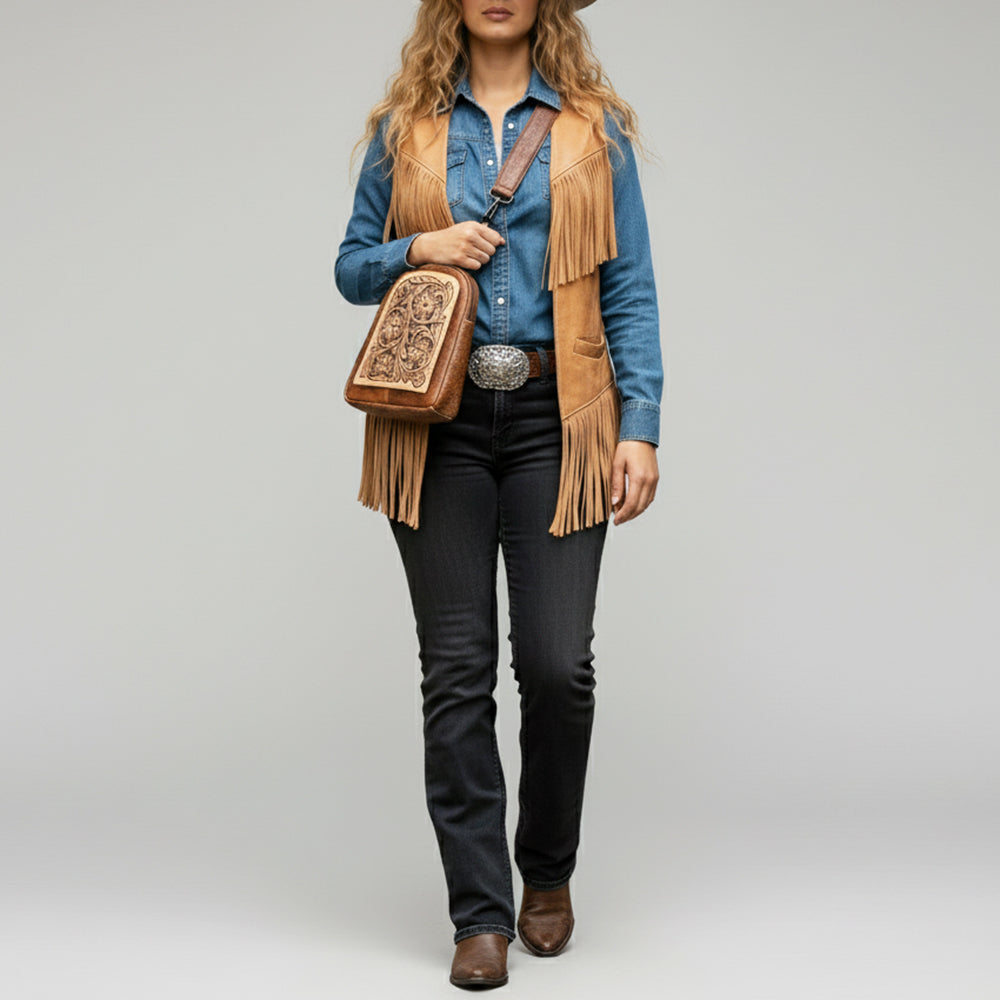 ADBGZ887 Tooled Leather Sling Backpack | American Darling