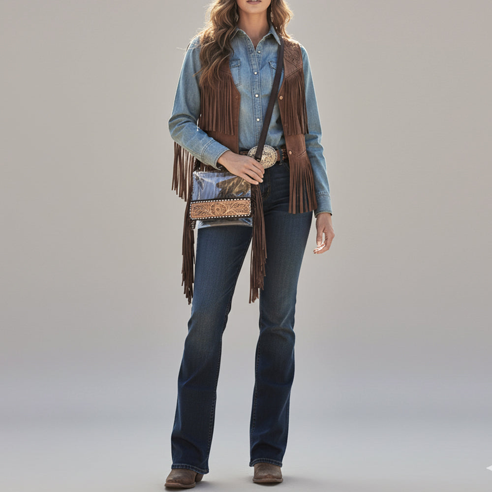 ADBGZ889 Clear Fringe Crossbody with Tooled Leather Trim | American Darling