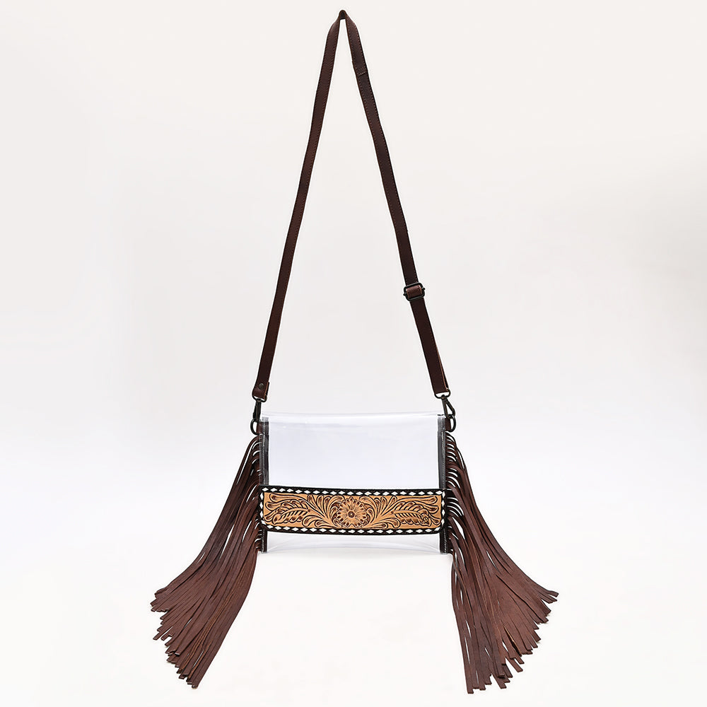ADBGZ889 Clear Fringe Crossbody with Tooled Leather Trim | American Darling