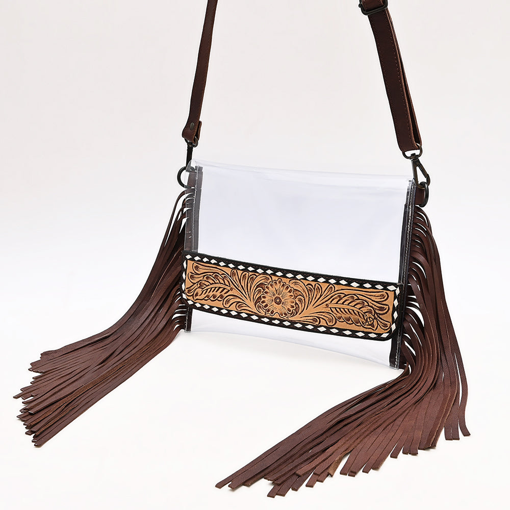 ADBGZ889 Clear Fringe Crossbody with Tooled Leather Trim | American Darling
