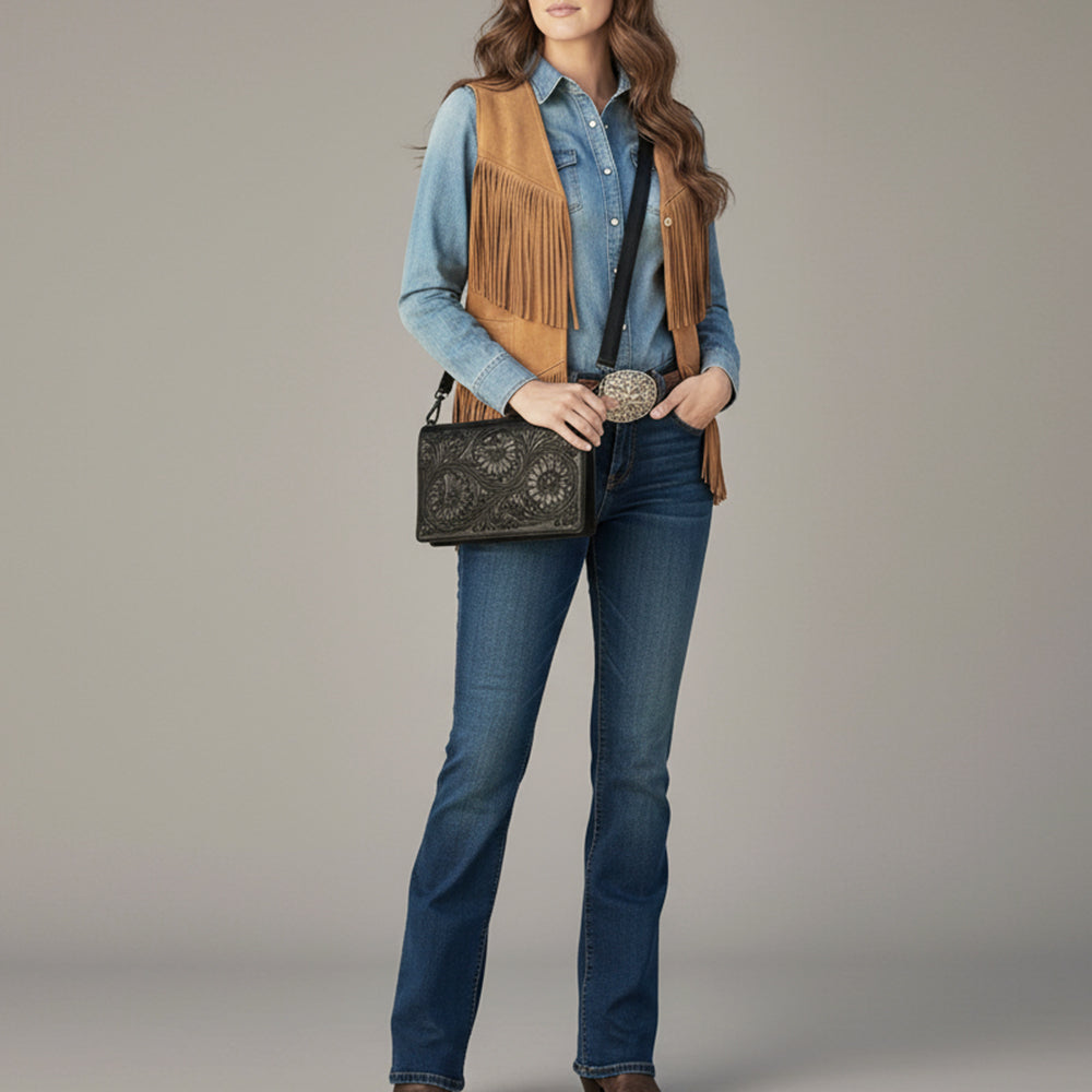 ADBGZ893A Black Tooled Leather Wallet Crossbody | American Darling