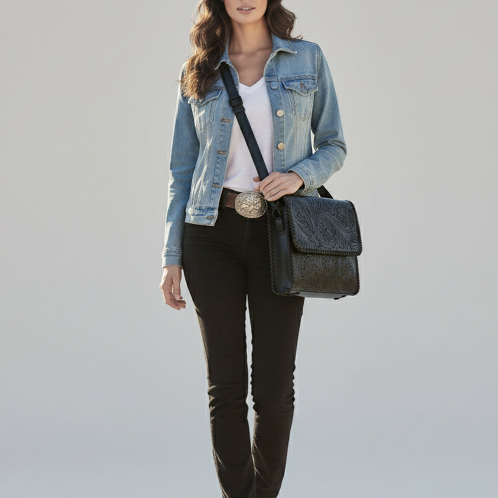 ADBGZ894A Black Tooled Leather Messenger Crossbody Bag | American Darling