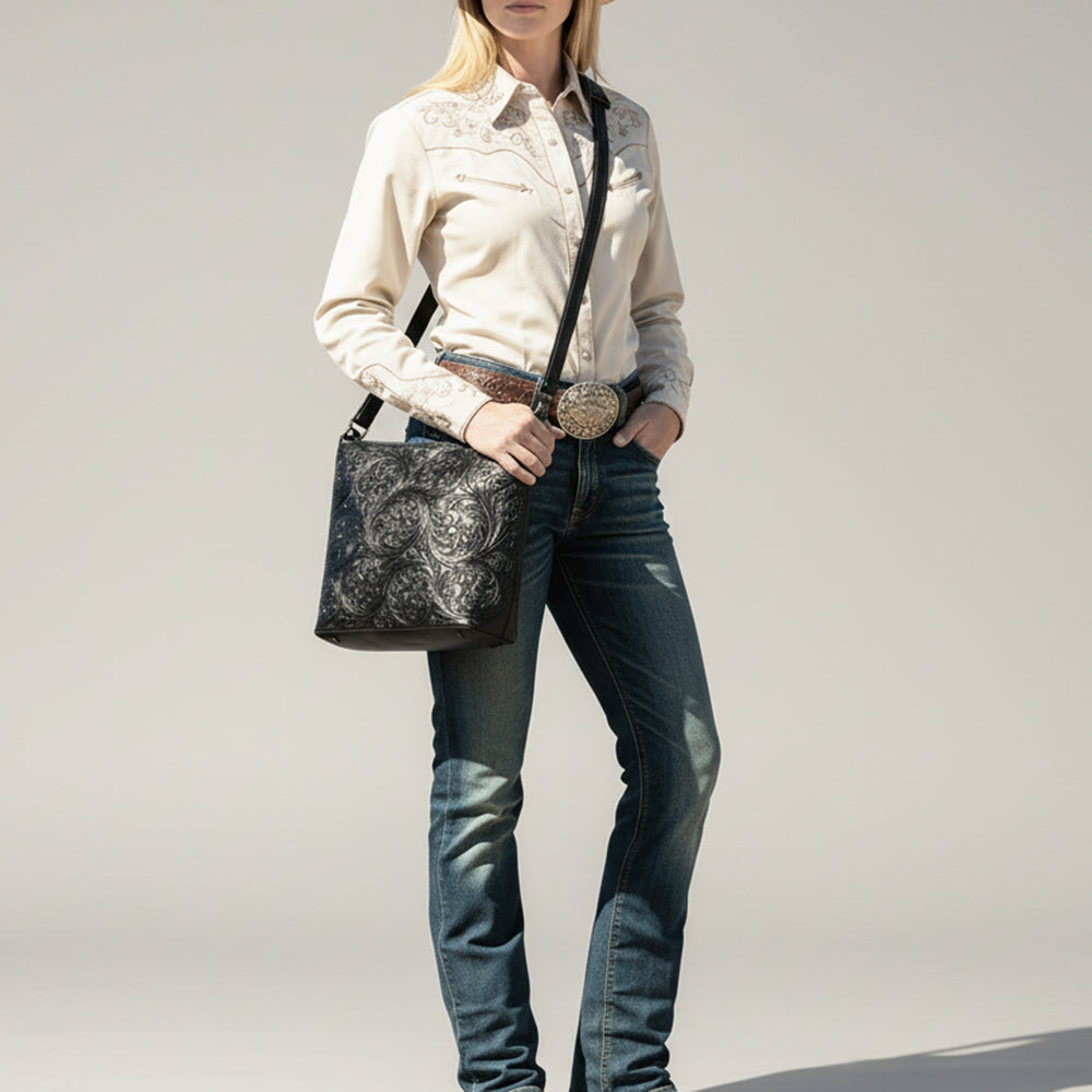 ADBGZ898A Black Hand-Tooled Genuine Leather Western Messenger Bag