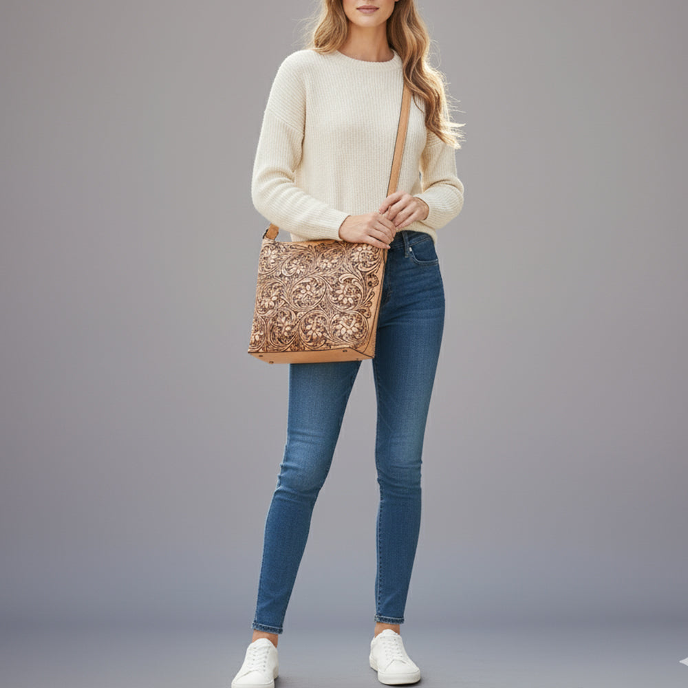 ADBGZ898 Hand-Tooled Genuine Leather Western Messenger Bag