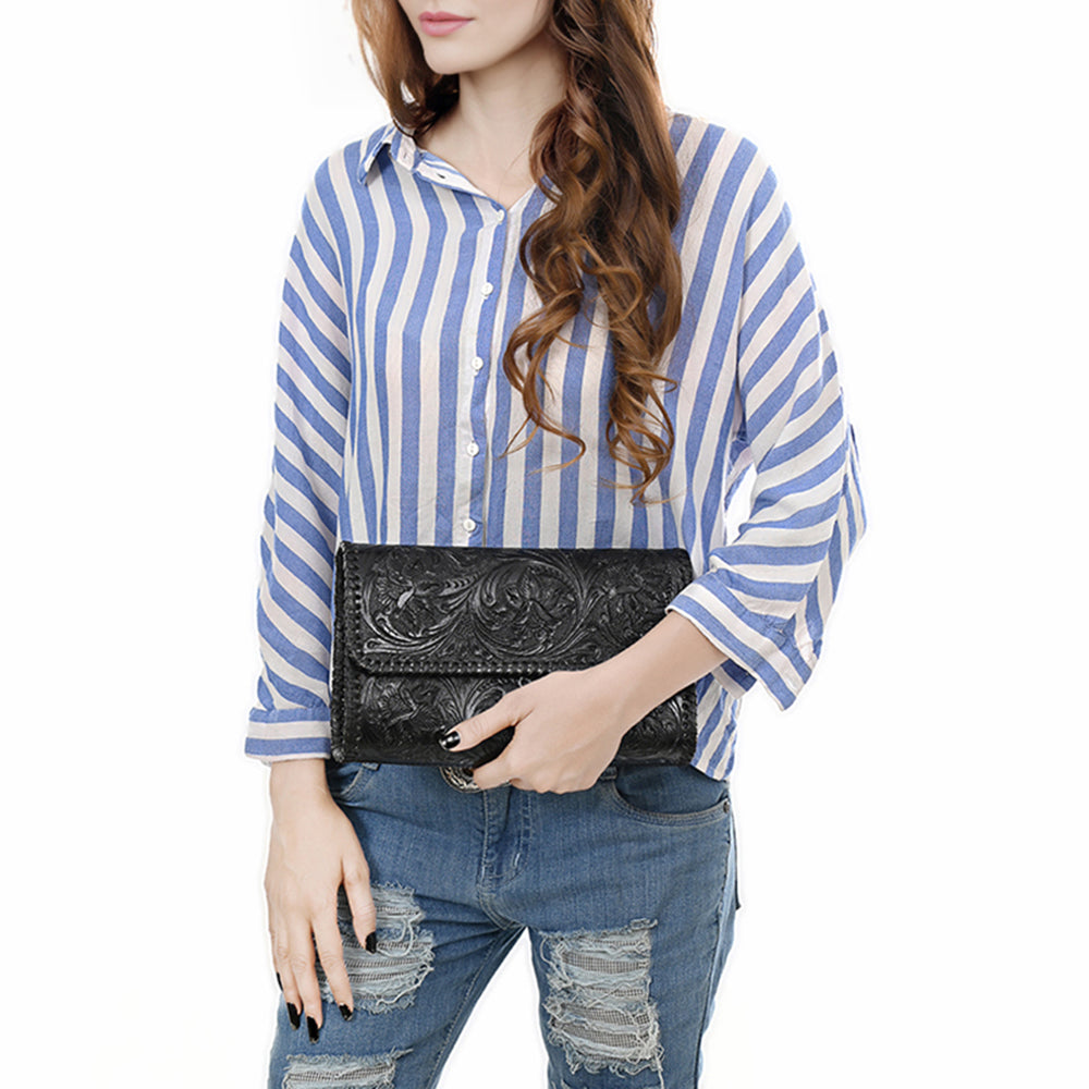 ADBGZ899A Black Hand-Tooled Genuine Leather Western Clutch Wallet