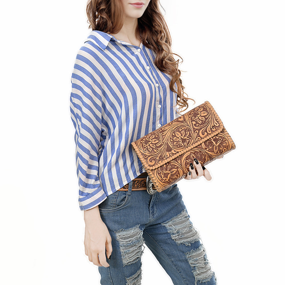 ADBGZ899 Hand-Tooled Genuine Leather Western Clutch Wallet
