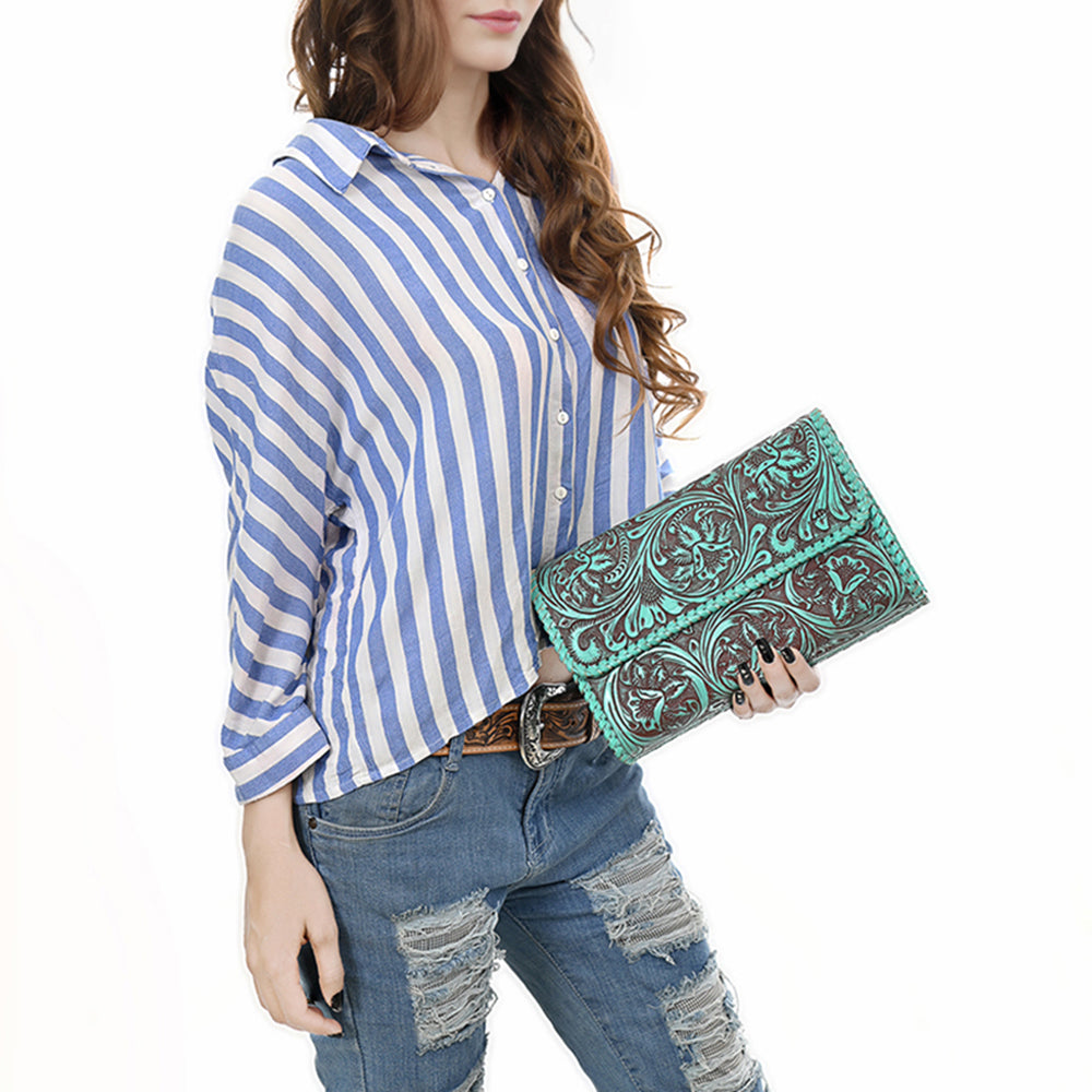 ADBGZ899 Hand-Tooled Genuine Leather Western Clutch Wallet