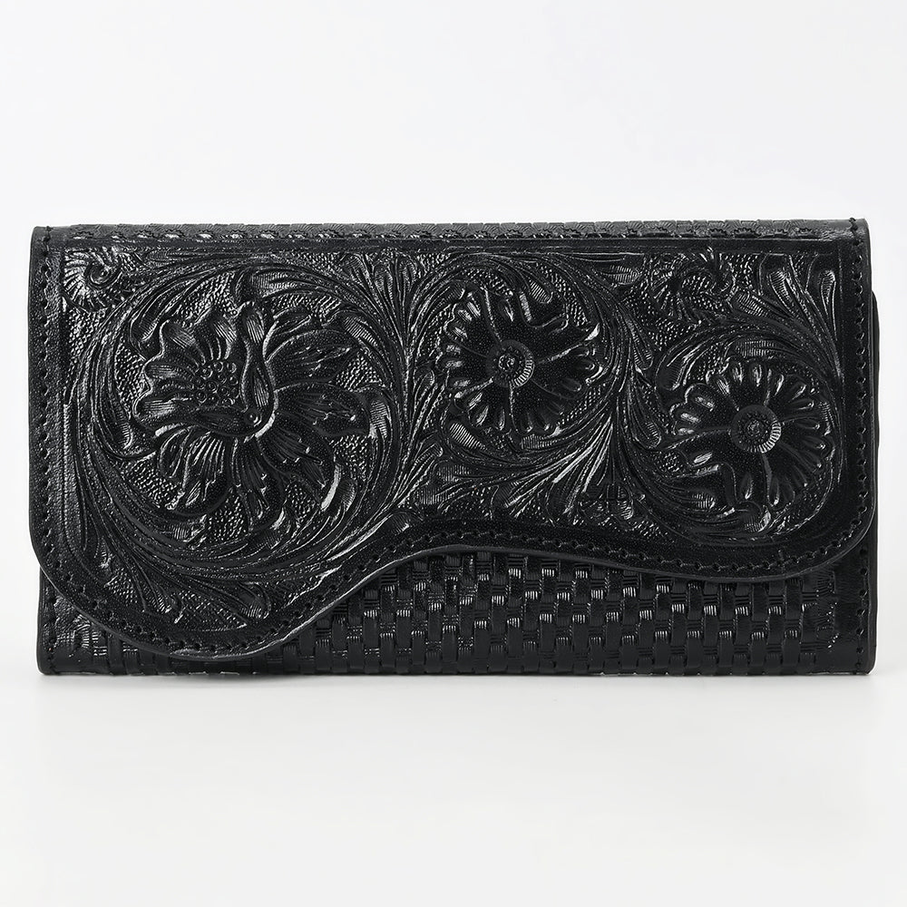 ADBGZ901A Black Hand-Tooled Genuine Leather Western Clutch with Curved Flap